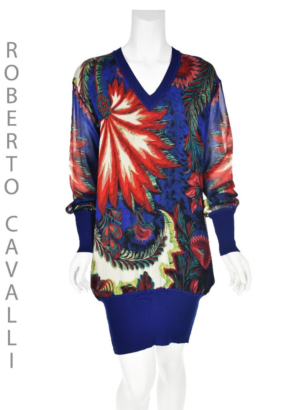 ROBERTO CAVALLI V-Neck Silk Dress w/Blue Knit Back & Trim, SZ M NWOT